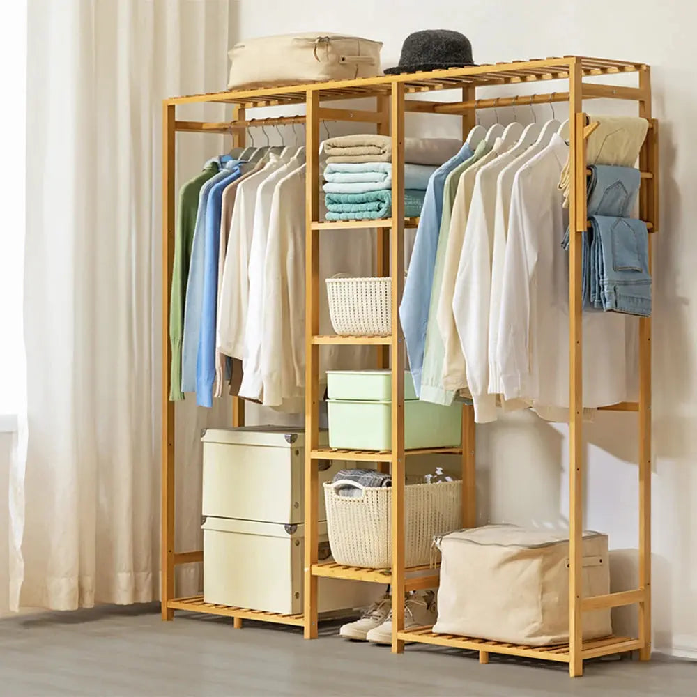 6 Tier Bamboo Wooden Clothes Rack with Side Hooks