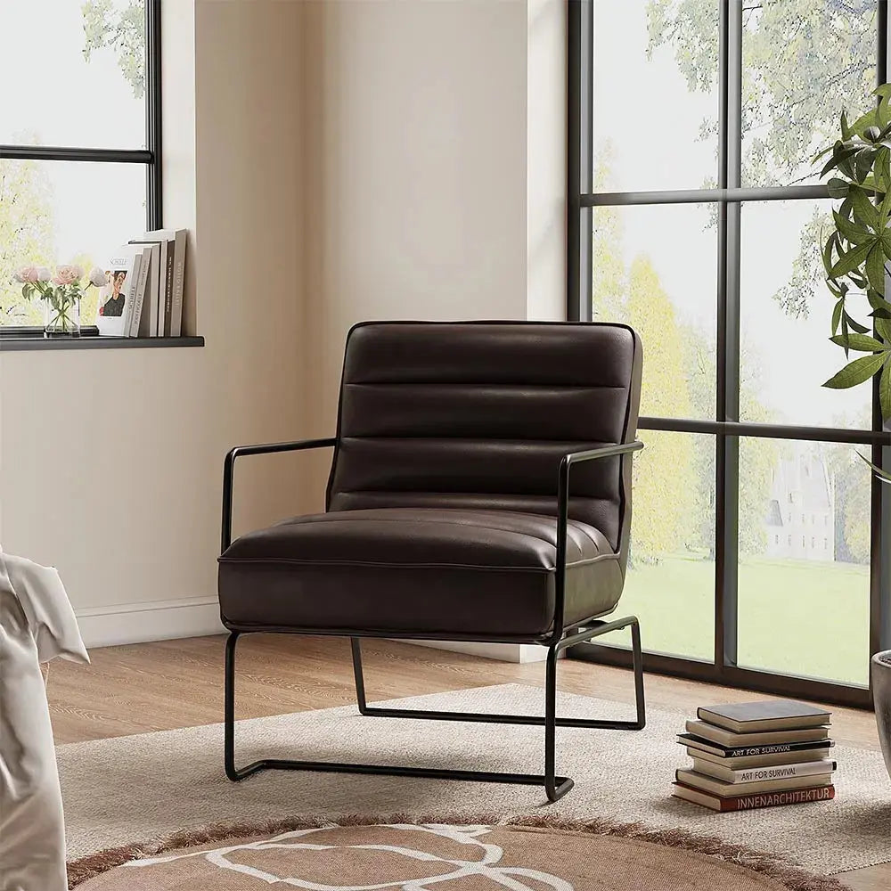 Mid-Century PU Leather Linen Armchair with Metal Base