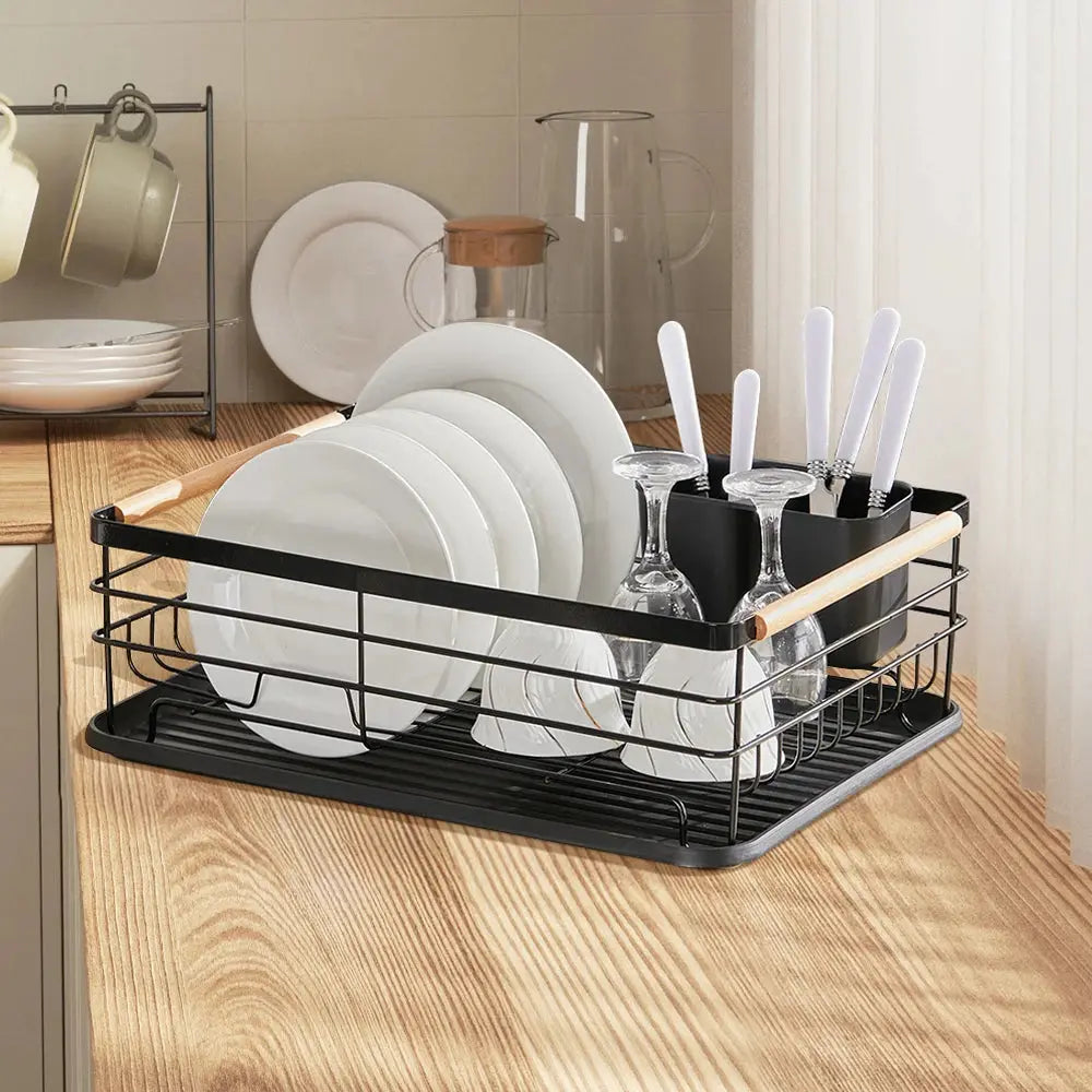 Iron Dish Drainer with Detachable Drip Tray, Wooden Handle and Ventilation System