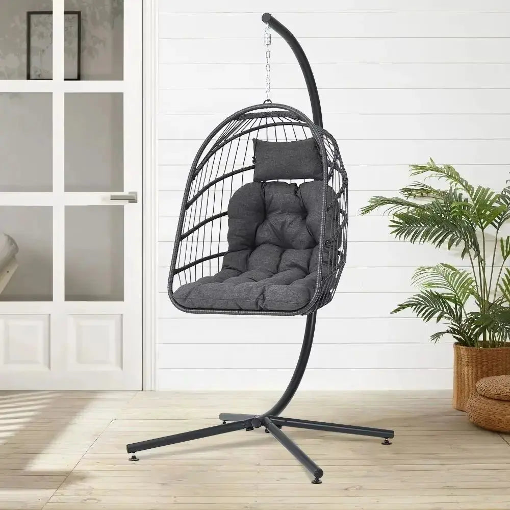 Hanging Egg Shaped Rattan Swing Chair with Stand and Cushion Furnish Wise