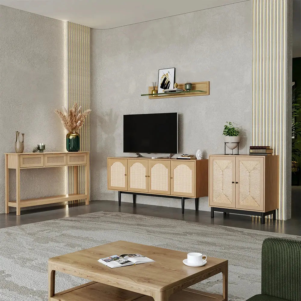 Rustic Wood Console Table with 3 Rattan Drawers