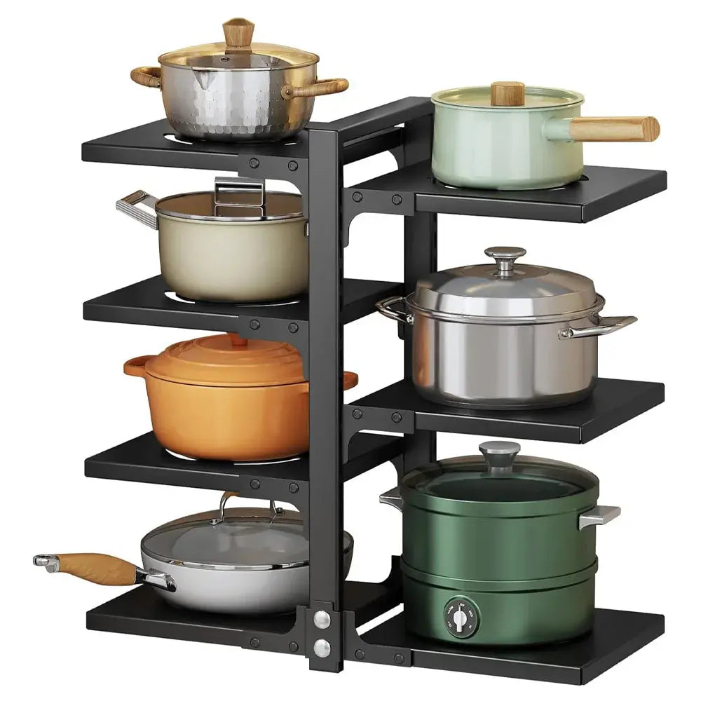 Multi-Tier Height-Adjustable Kitchen Pan Organizer Rack 180-degree Open Access