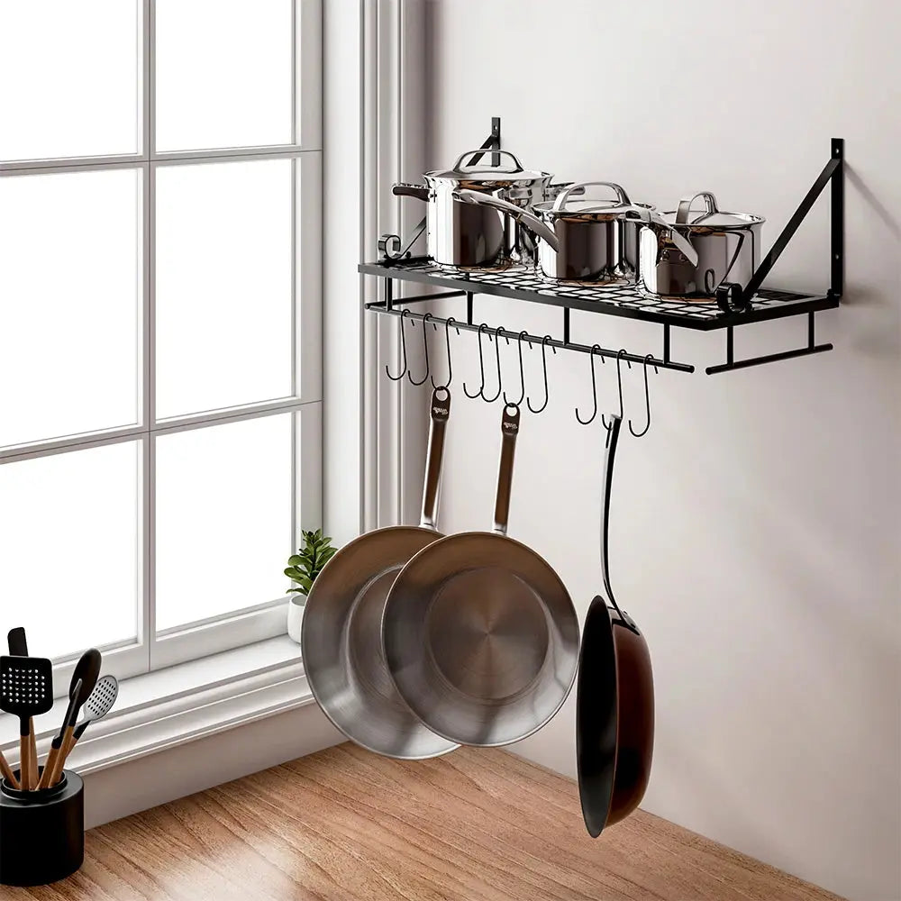 Wall Mounted Hanging Pot Pan Shelf with Hooks