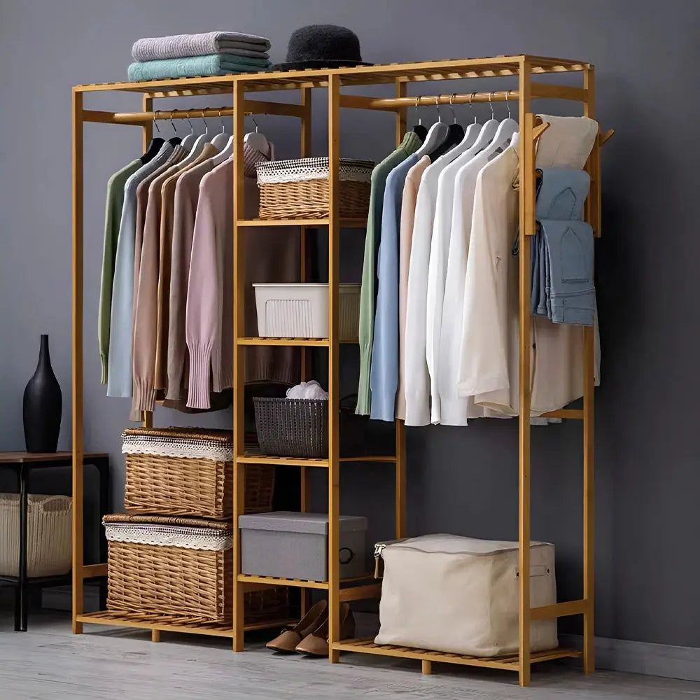 6 Tier Bamboo Wooden Clothes Rack with Side Hooks