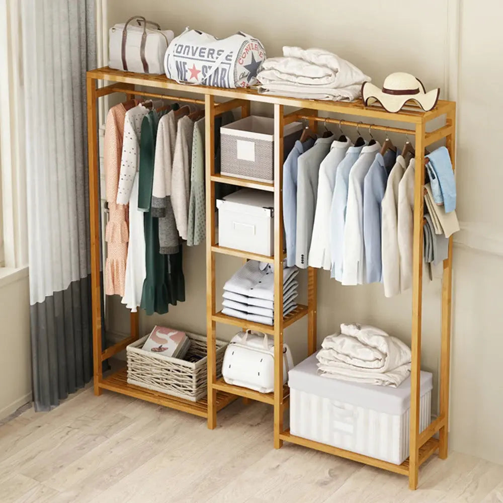 6 Tier Bamboo Wooden Clothes Rack with Side Hooks