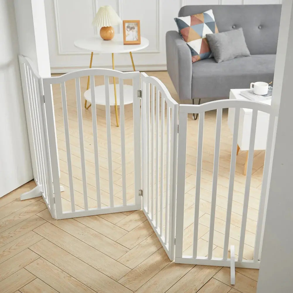 Wood Durable Free Standing Folable Pet Gate Fence, White 4 Panels