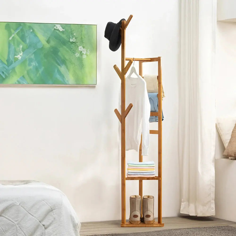 Bamboo Coat Rack Stand Coat Standing Tree Furnish Wise