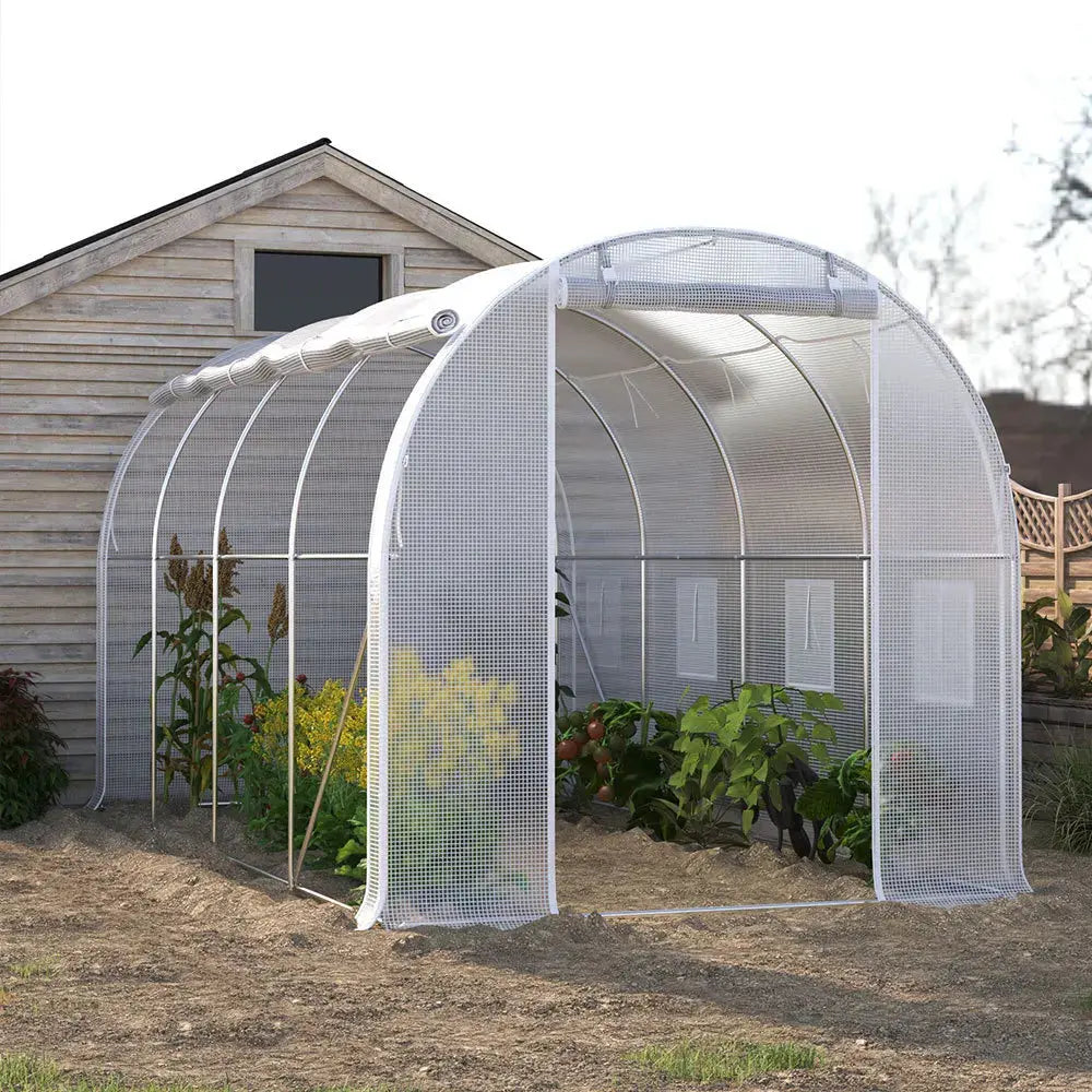 White 4m Outdoor Tunnel Greenhouse with Steel Frame