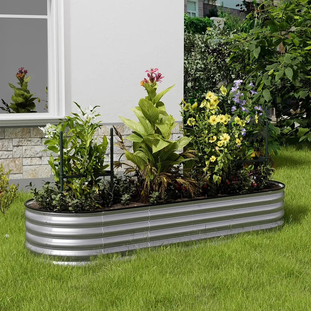 Silver Oval-Shaped Steel Raised Garden Bed
