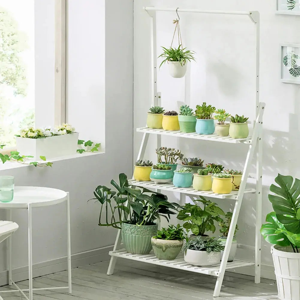 3 Tier Ladder Foldable Plant Stand with Hanging Bar, Wood/White