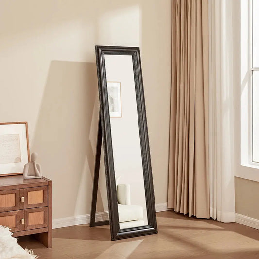 Modern Black Wood Frame Beveled Full Floor Mirror Furnish Wise