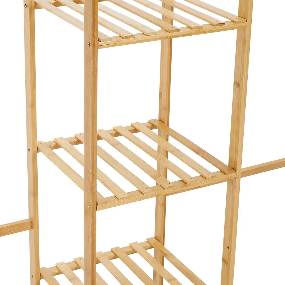 6 Tier Bamboo Wooden Clothes Rack with Side Hooks