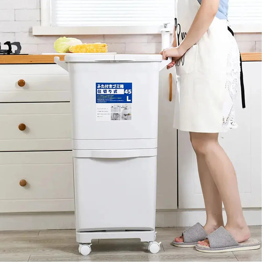 White Double-Layer Three-Compartment Trash Can with Wheels