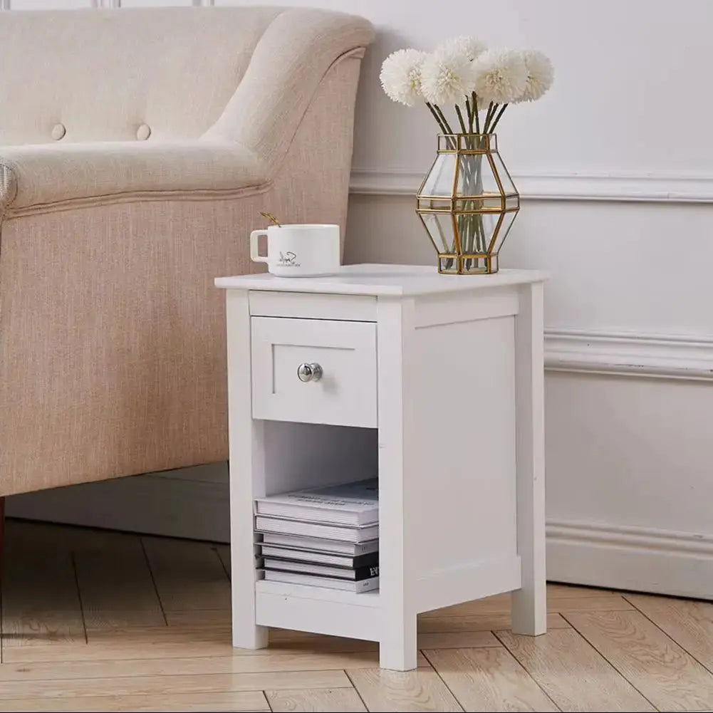 White Small Side Table with Drawer Furnish Wise