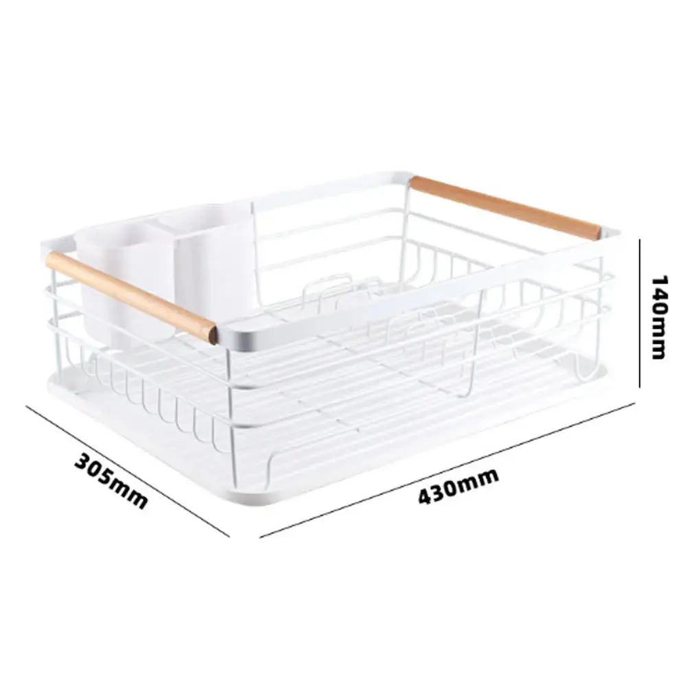 Iron Dish Drainer with Detachable Drip Tray, Wooden Handle and Ventilation System