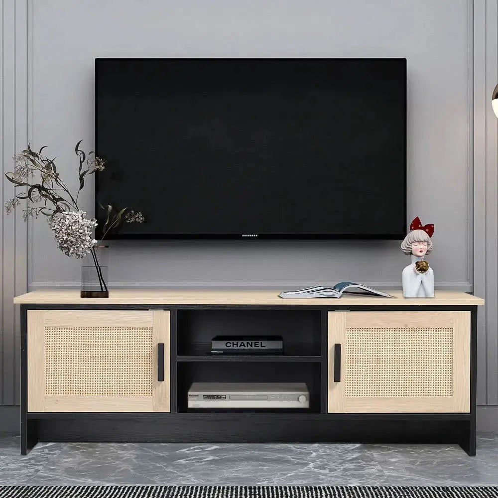 Beige Modern Wooden TV Unit with Rattan Doors