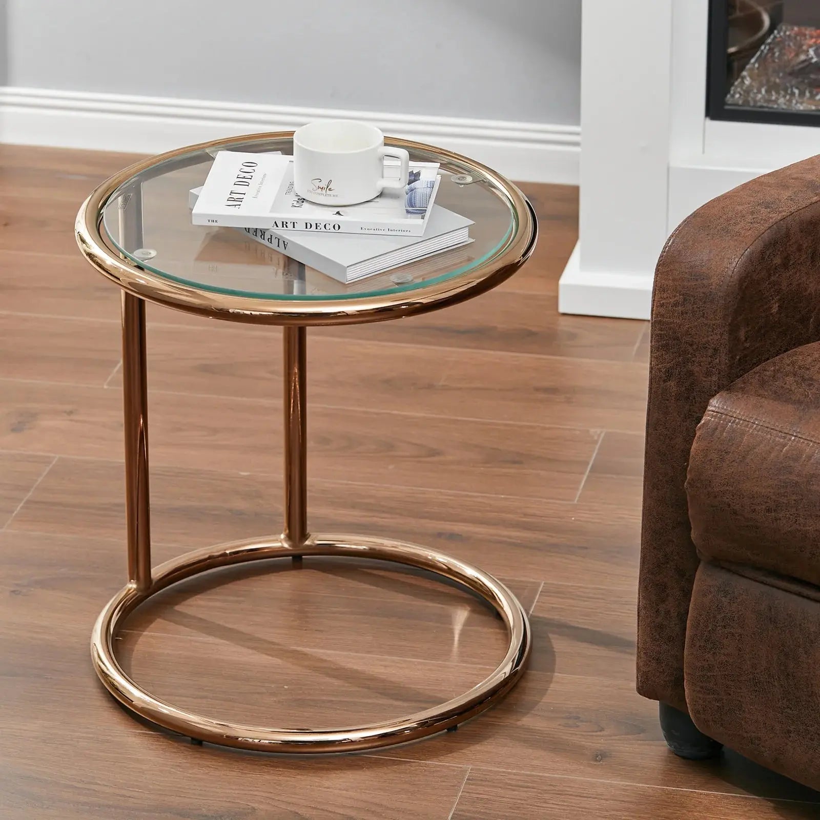 Rose Gold Round Glass Side Table Furnish Wise