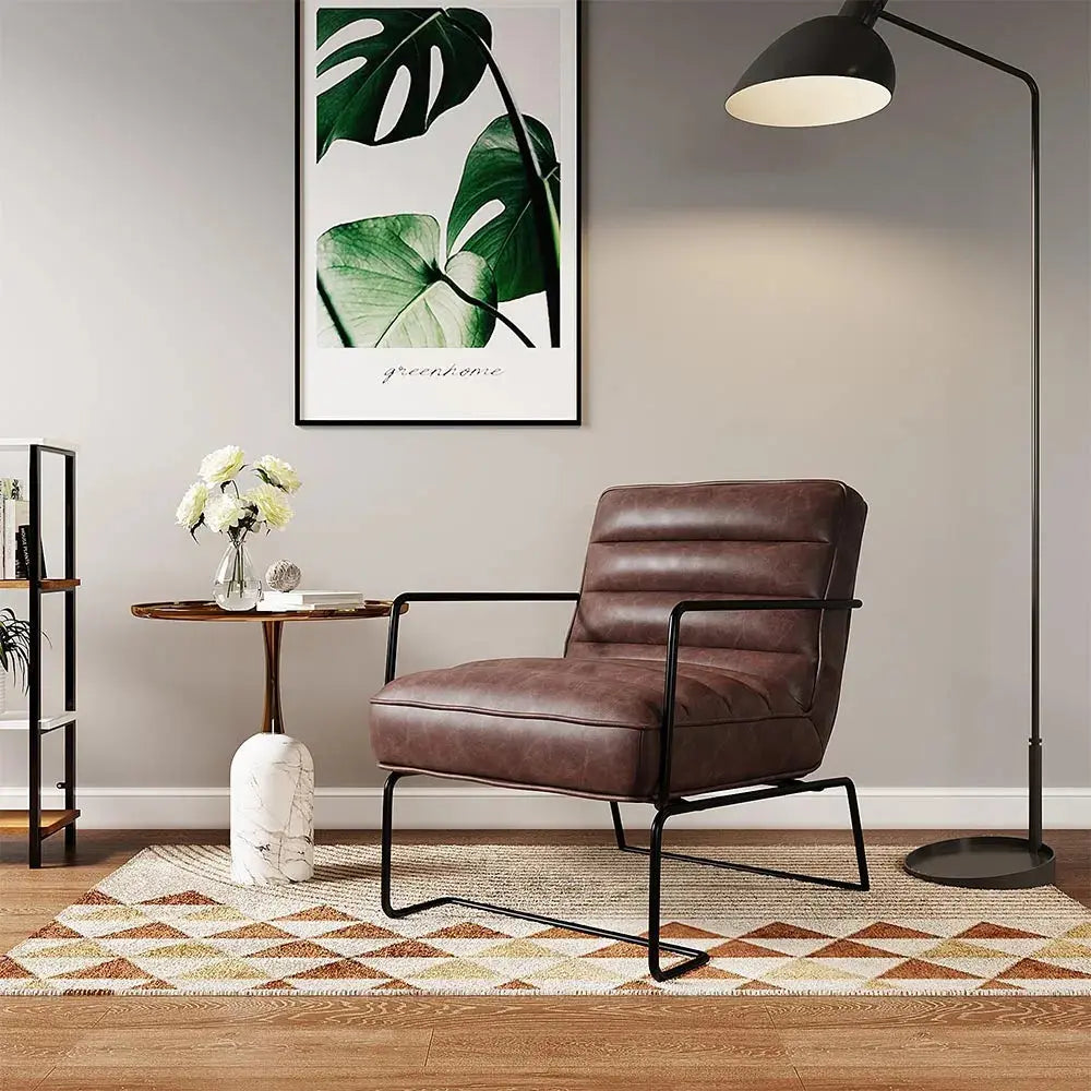 Mid-Century PU Leather Linen Armchair with Metal Base