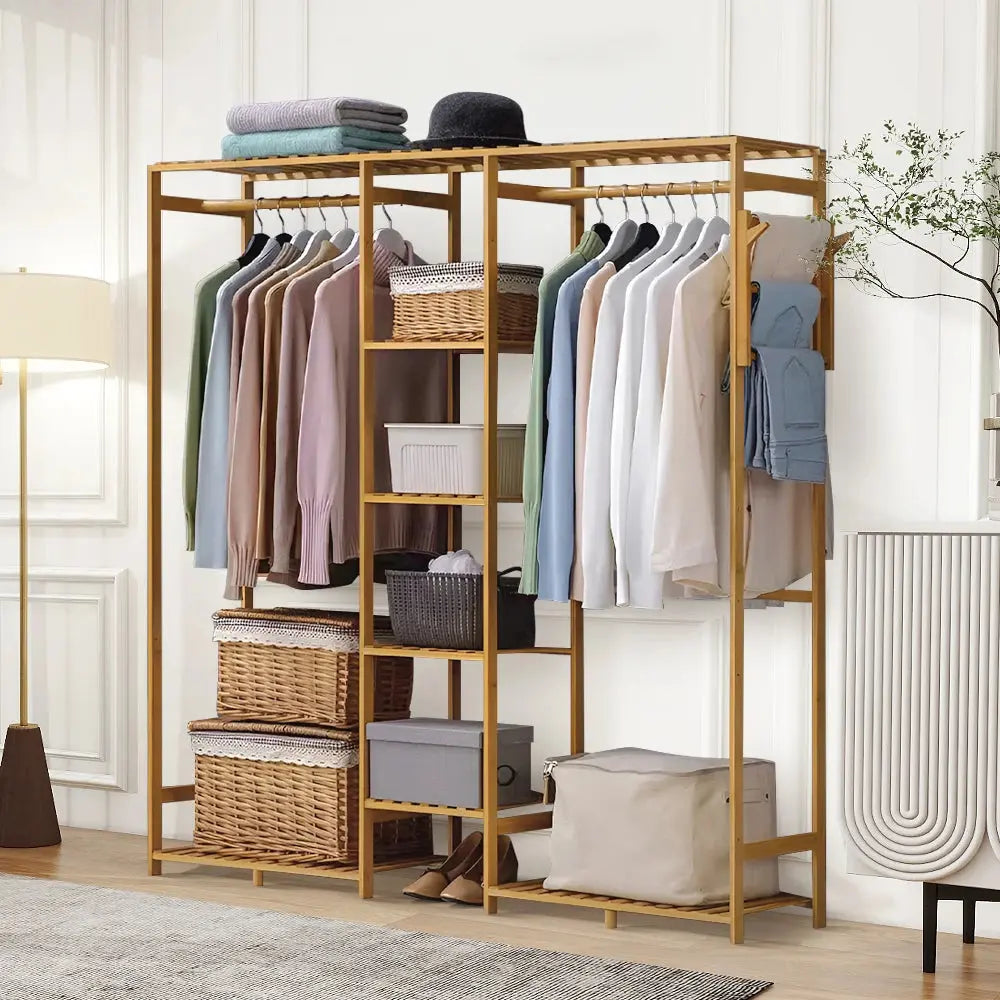 6 Tier Bamboo Wooden Clothes Rack with Side Hooks