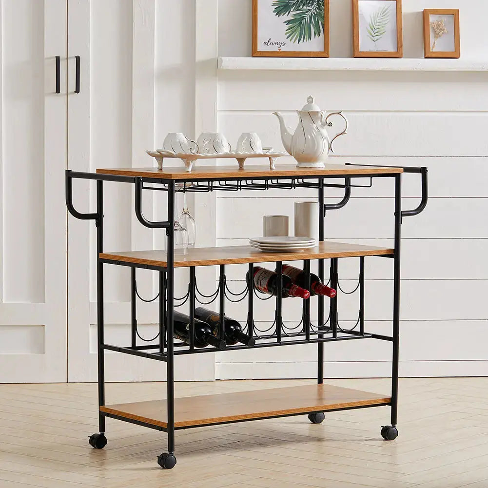 3 Tier Kitchen Drinks Trolley with Wine Bottle Storage Furnish Wise