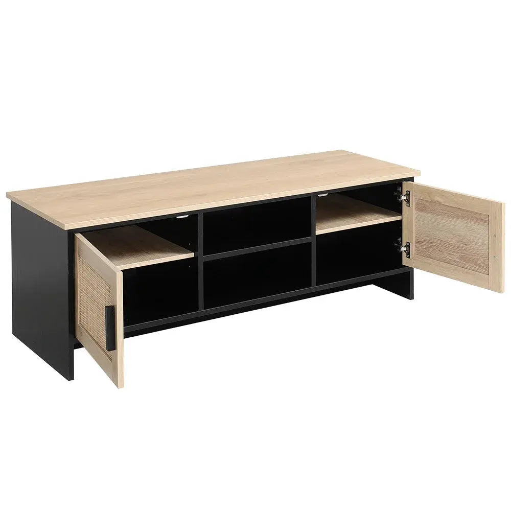 Beige Modern Wooden TV Unit with Rattan Doors