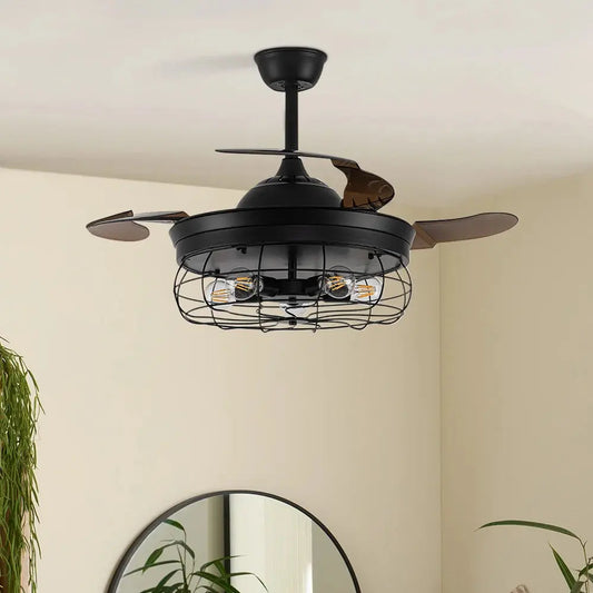 Black Cage Style Ceiling Fan with Lights Furnish Wise