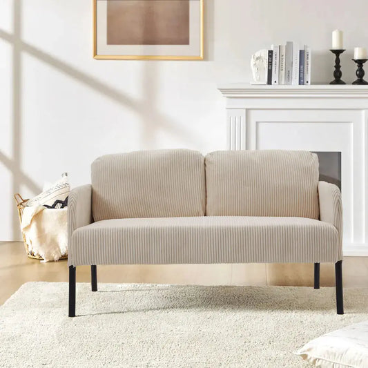 2-Seat Beige Corduroy Sofa with Armrests And Wooden Legs Furnish Wise