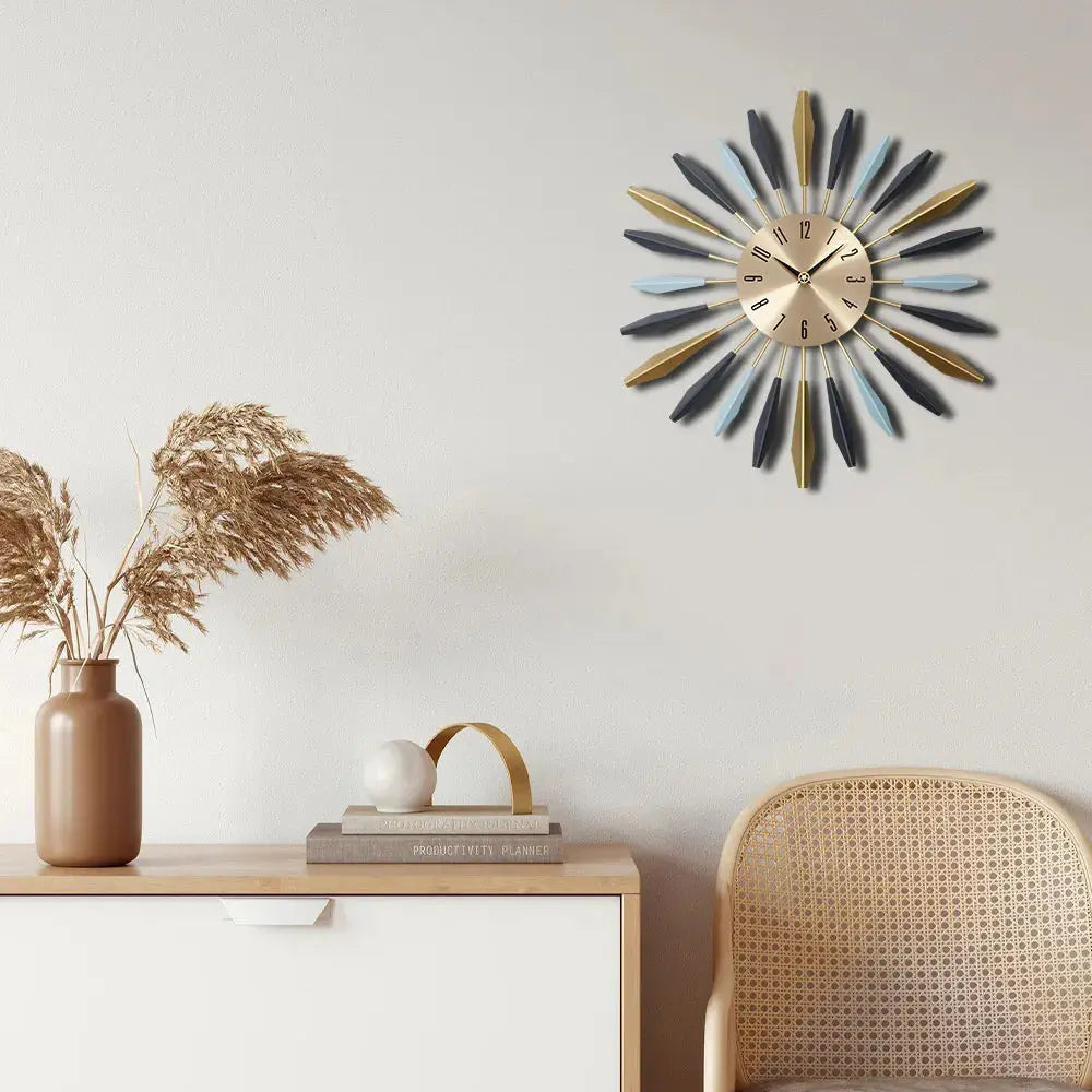 Large Metal Starburst Decorative Wall Clock Furnish Wise