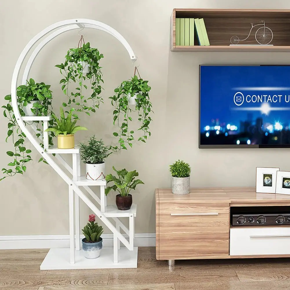 Curved 4-Tier Plant Stand Bonsai Display Shelf with Hooks