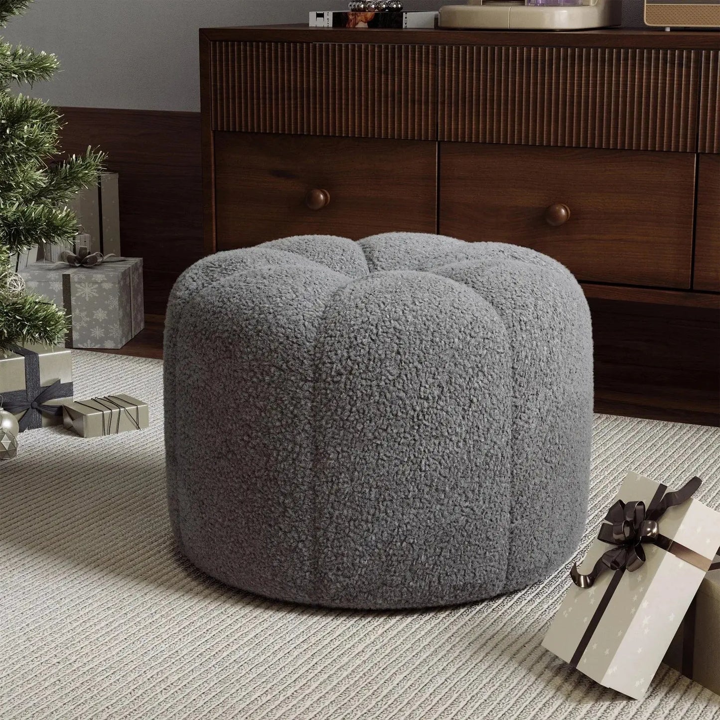 Round Shape Teddy Fabric Multifunctional Household Footstool