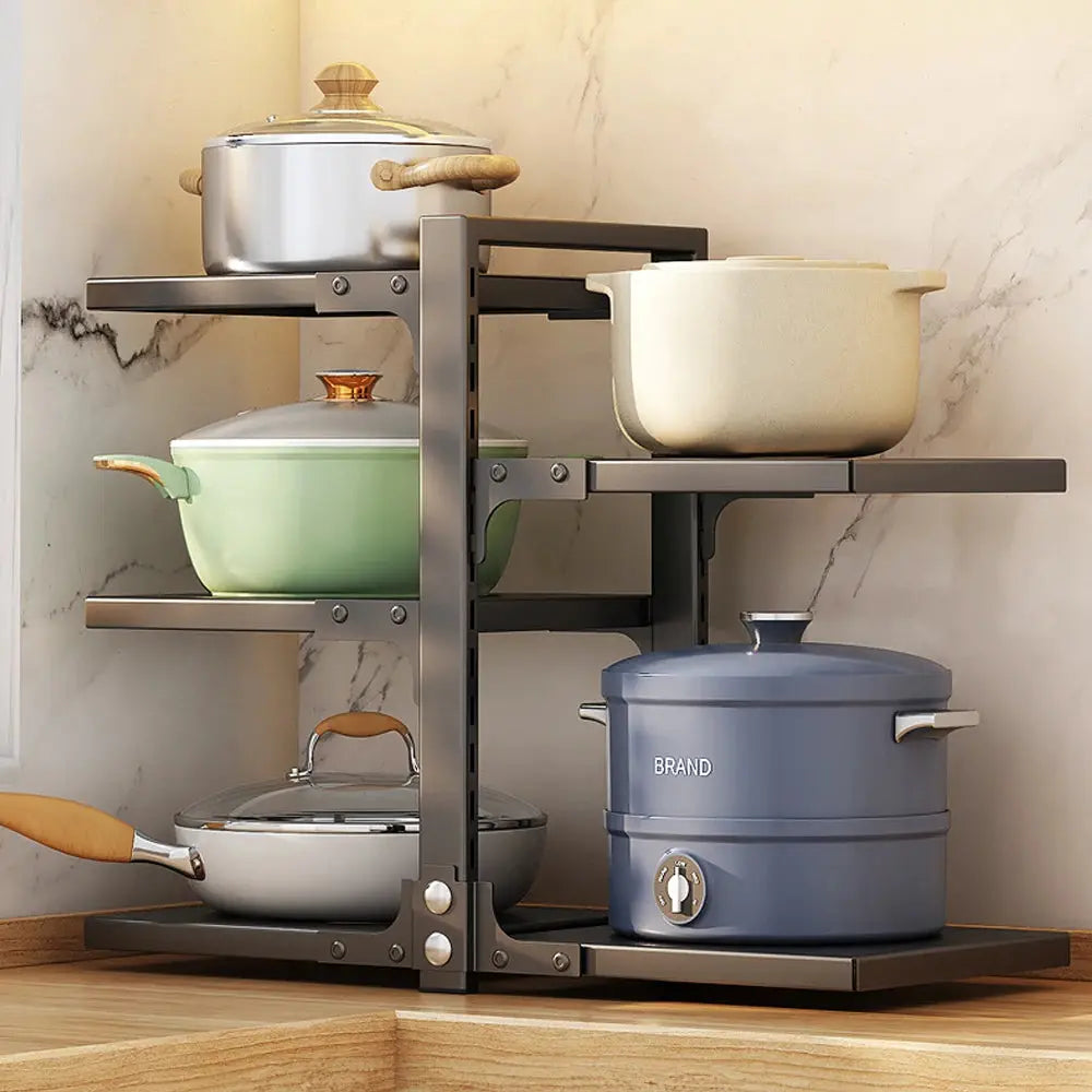 Multi-Tier Height-Adjustable Kitchen Pan Organizer Rack 180-degree Open Access