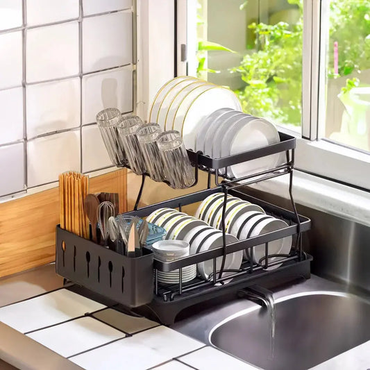 Black Dish Rack with Utensil Holder and Glass Holder Furnish Wise