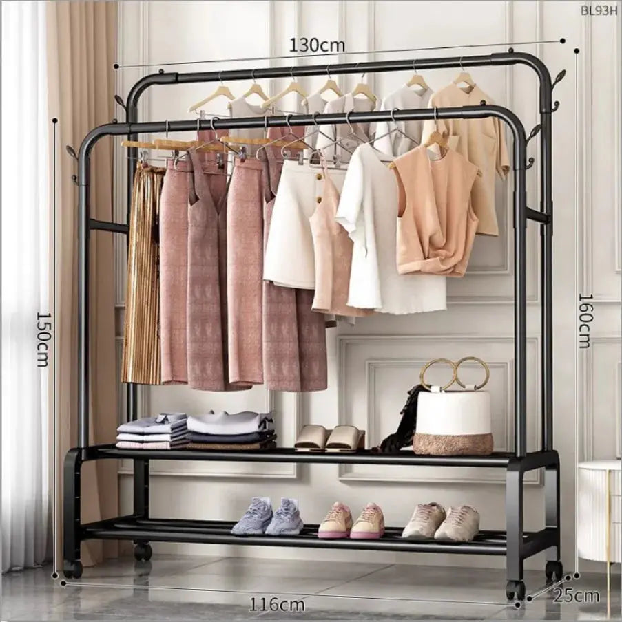 Rolling Double-Layer Double-Rod Vertical Retail Clothing Rack, Shoe & Hat Rack, Coat Rack, Garment Rack with Shelves and Wheels Furnish Wise