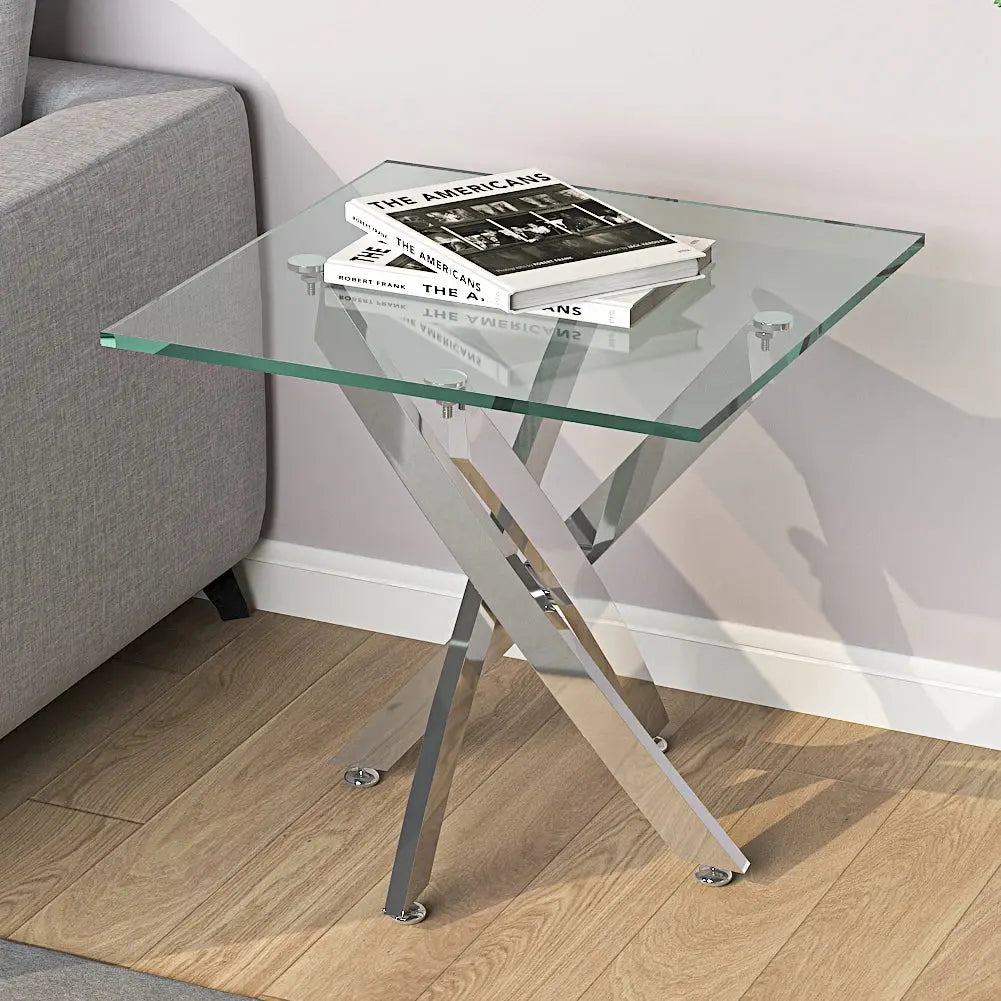 Modern and Futuristic Clear Glass Top Coffee End Table with Chrome Legs Furnish Wise