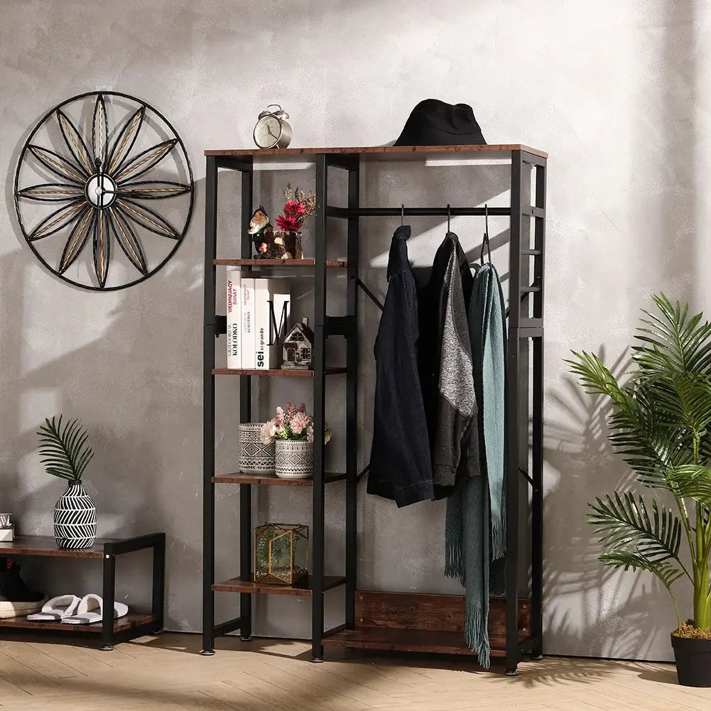 5-Tier Rustic Brown Clothes Rack with Storage Shelves