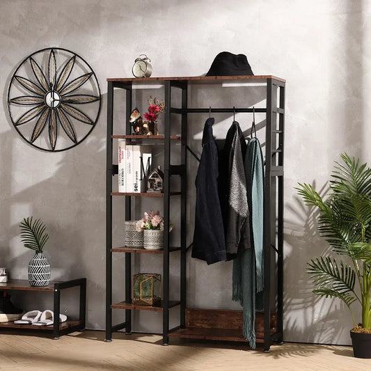 5-Tier Rustic Brown Clothes Rack with Storage Shelves