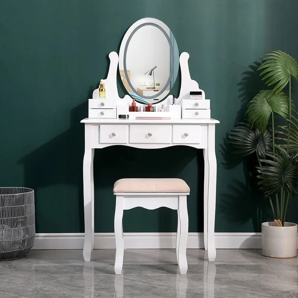 Makeup Vanity Desk Set with LED Lighting, Table & Cushioned Stool