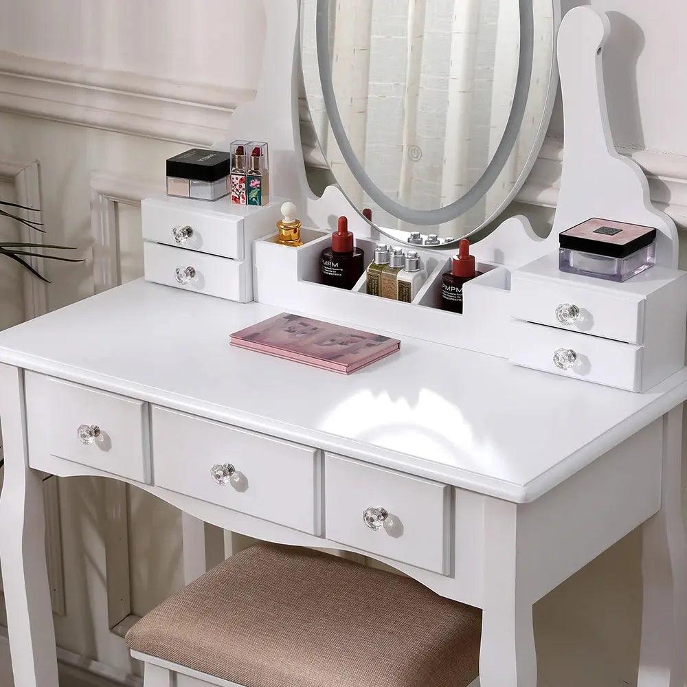 Makeup Vanity Desk Set with LED Lighting, Table & Cushioned Stool