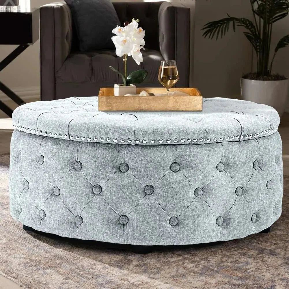 Round Linen Deep Buttoned Ottoman with Studded Edge