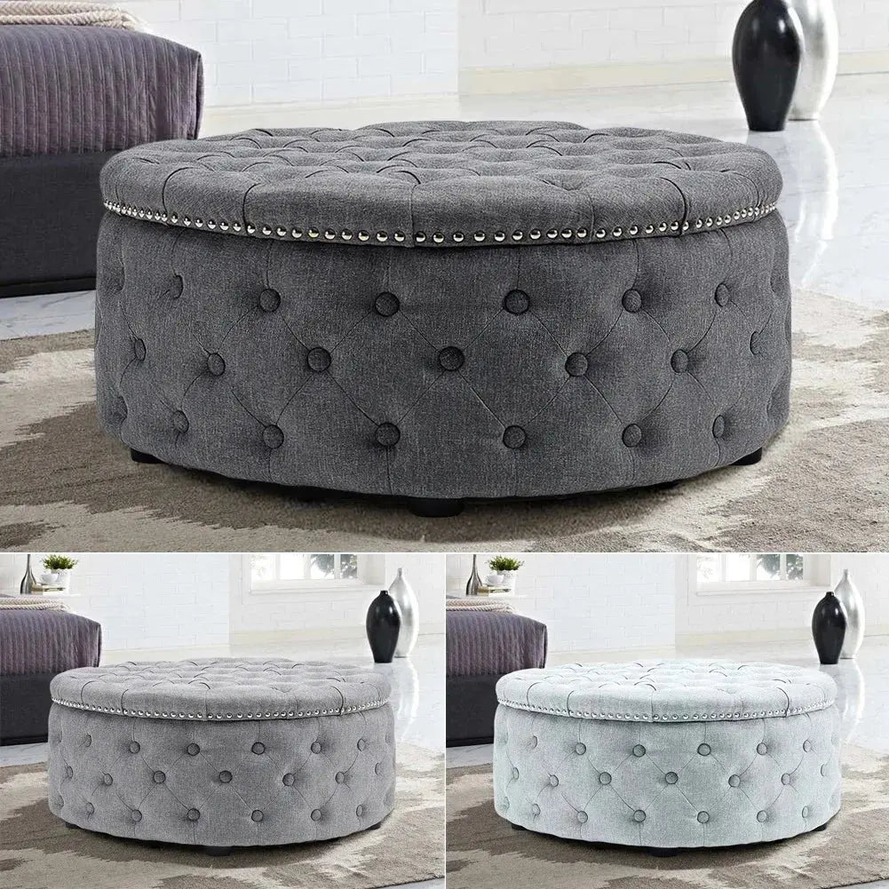 Round Linen Deep Buttoned Ottoman with Studded Edge