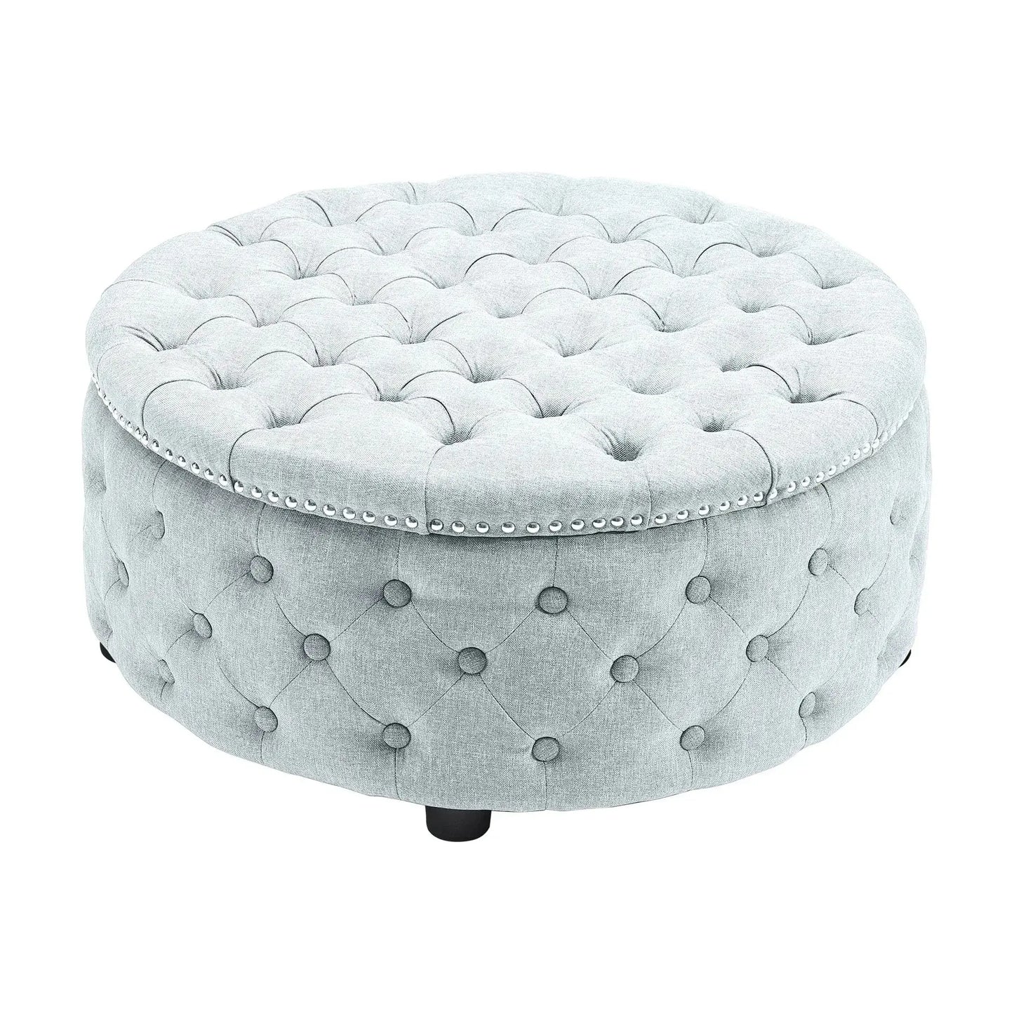Round Linen Deep Buttoned Ottoman with Studded Edge