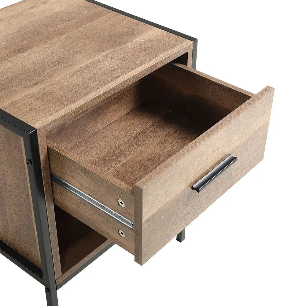 Metal Frame Wood Industrial Bedside Table with Drawer for Bedroom Furnish Wise