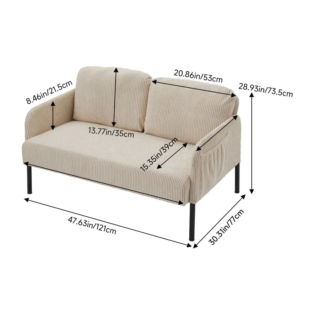 2-Seat Beige Corduroy Sofa with Armrests And Wooden Legs Furnish Wise
