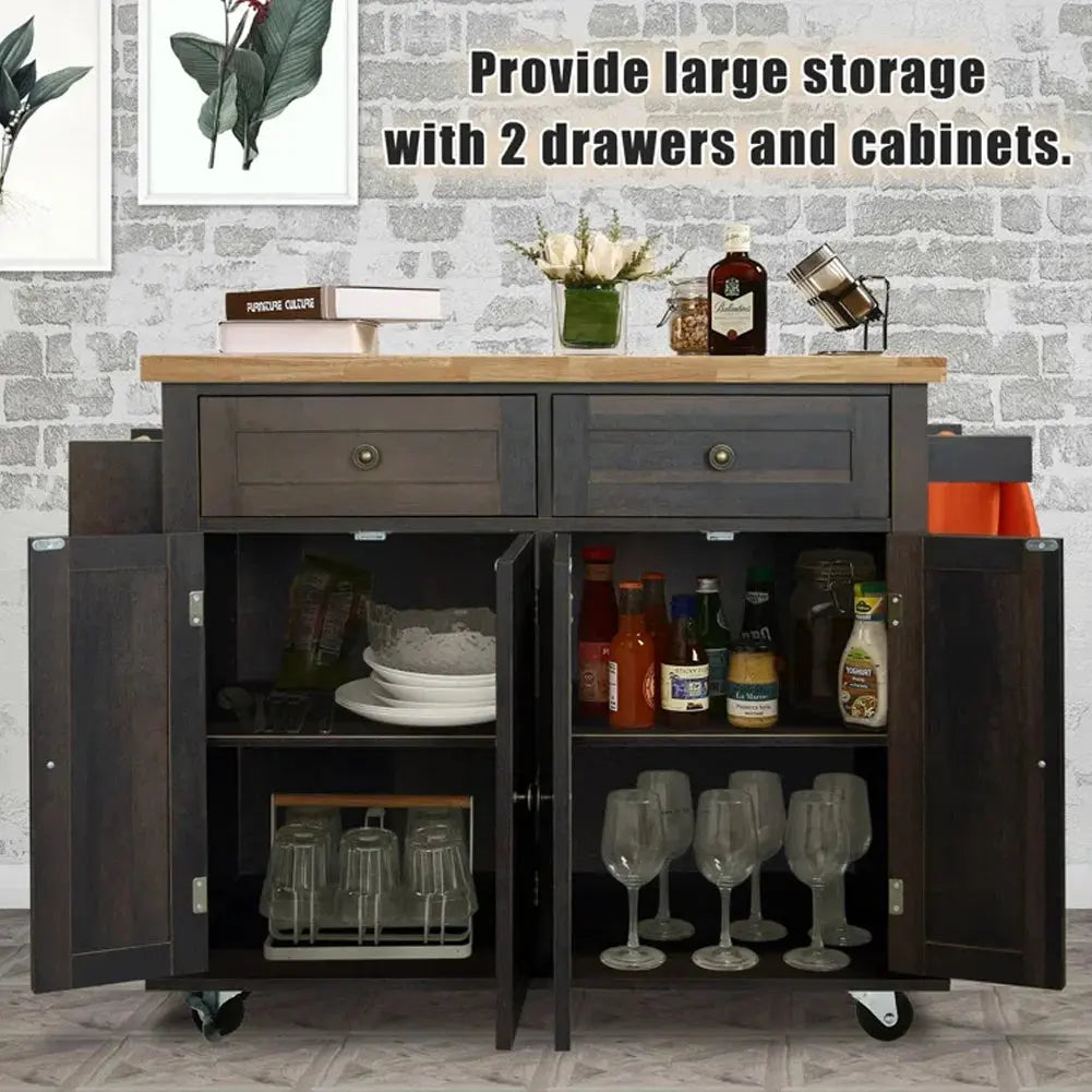 Wooden Kitchen Island Cart on Wheels with Storage Cabinets