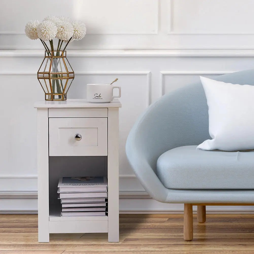 White Small Side Table with Drawer Furnish Wise