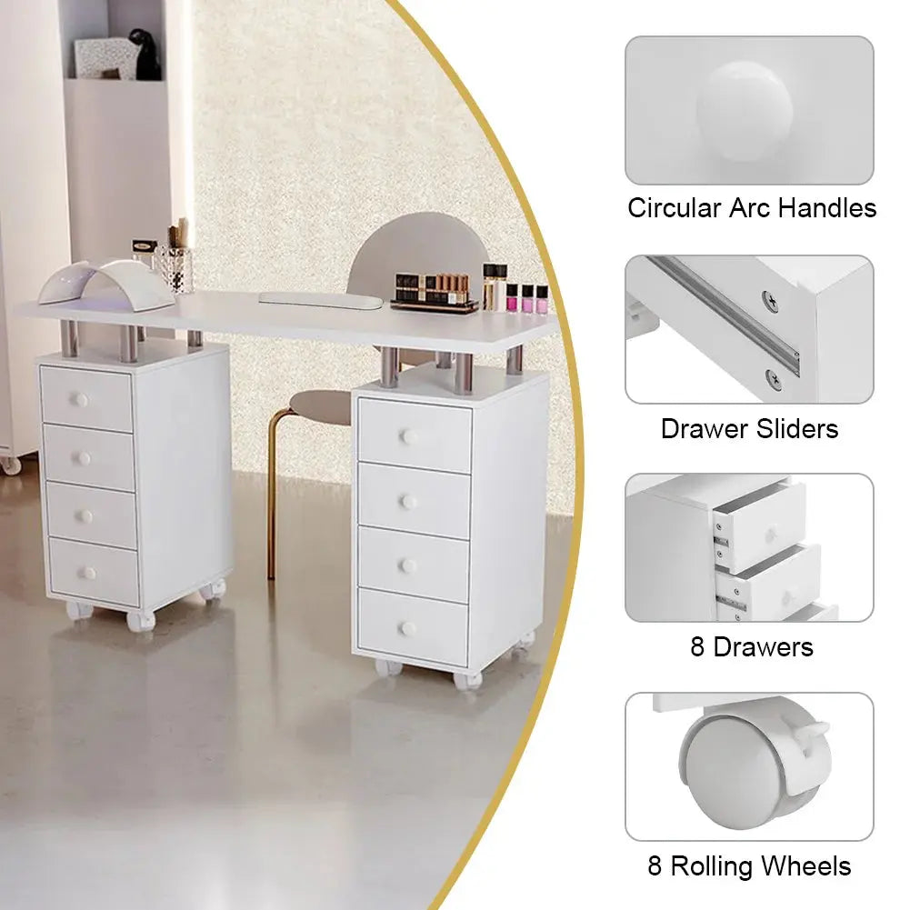8 Drawers Manicure Station Nail Table Salon Nail Desk on Wheels Furnish Wise