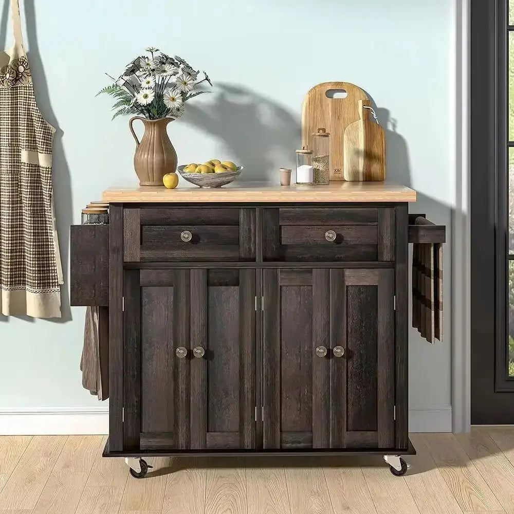 Wooden Kitchen Island Cart on Wheels with Storage Cabinets