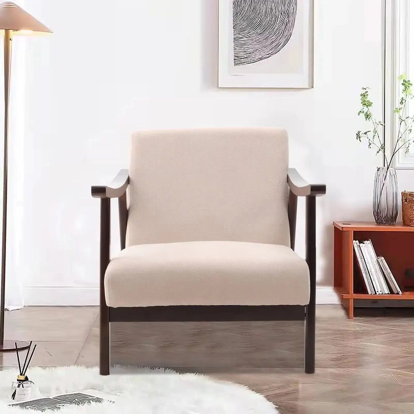 Beige & Wood Frame Metal Legs