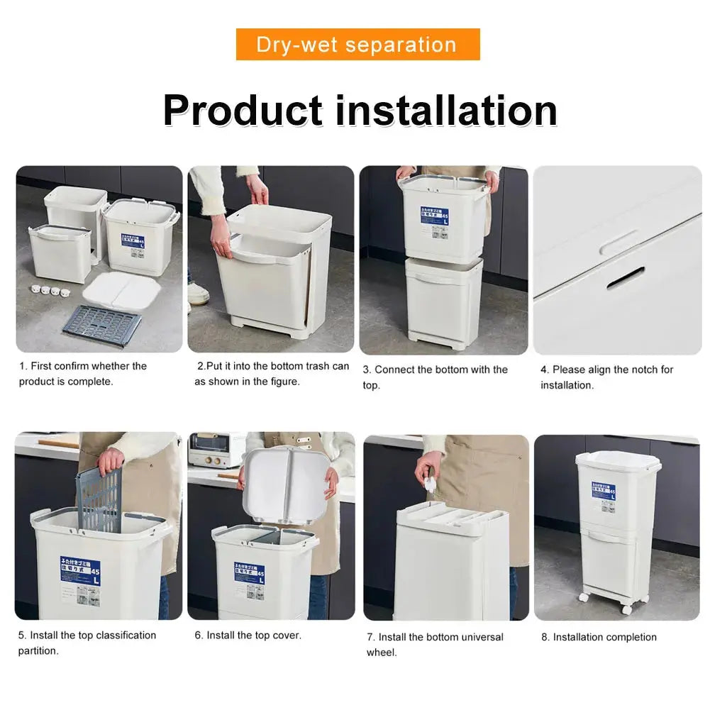 White Double-Layer Three-Compartment Trash Can with Wheels