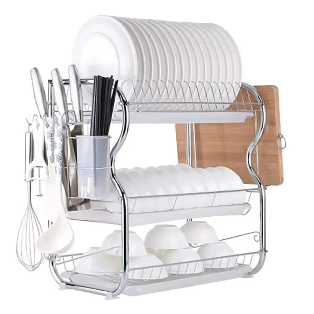 Kitchen Chrome Dish Drainer Cutlery Cup Plates Holder Sink Rack Drip Tray 3 Tier Furnish Wise